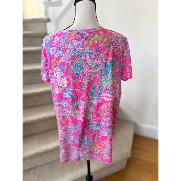 Lilly Pulitzer Hot Pink Nautilus Shell Octopus Sea Print Short Sleeve T-Shirt - Picture 2 of 6